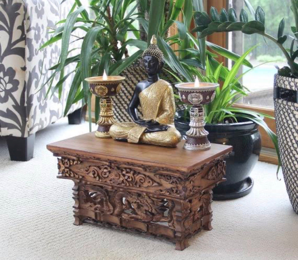 Solid Wood Hand Carved Tibetan Buddhist Prayer Shrine Altar Meditation Table - DharmaObjects