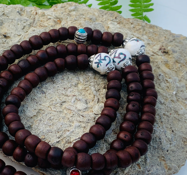 Tibetan Buddhist Old Bodhi Seed Mala / Silver Spacers / Old Conch Shell Accent / 2 Silver Markers