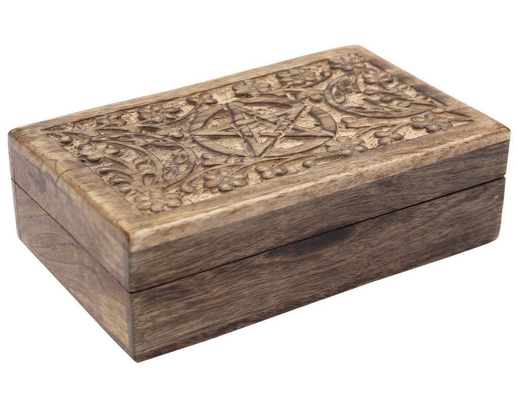 Hand Carved Jewelry Trinket Keepsake Wooden Storage Box Triple Moon - DharmaObjects
