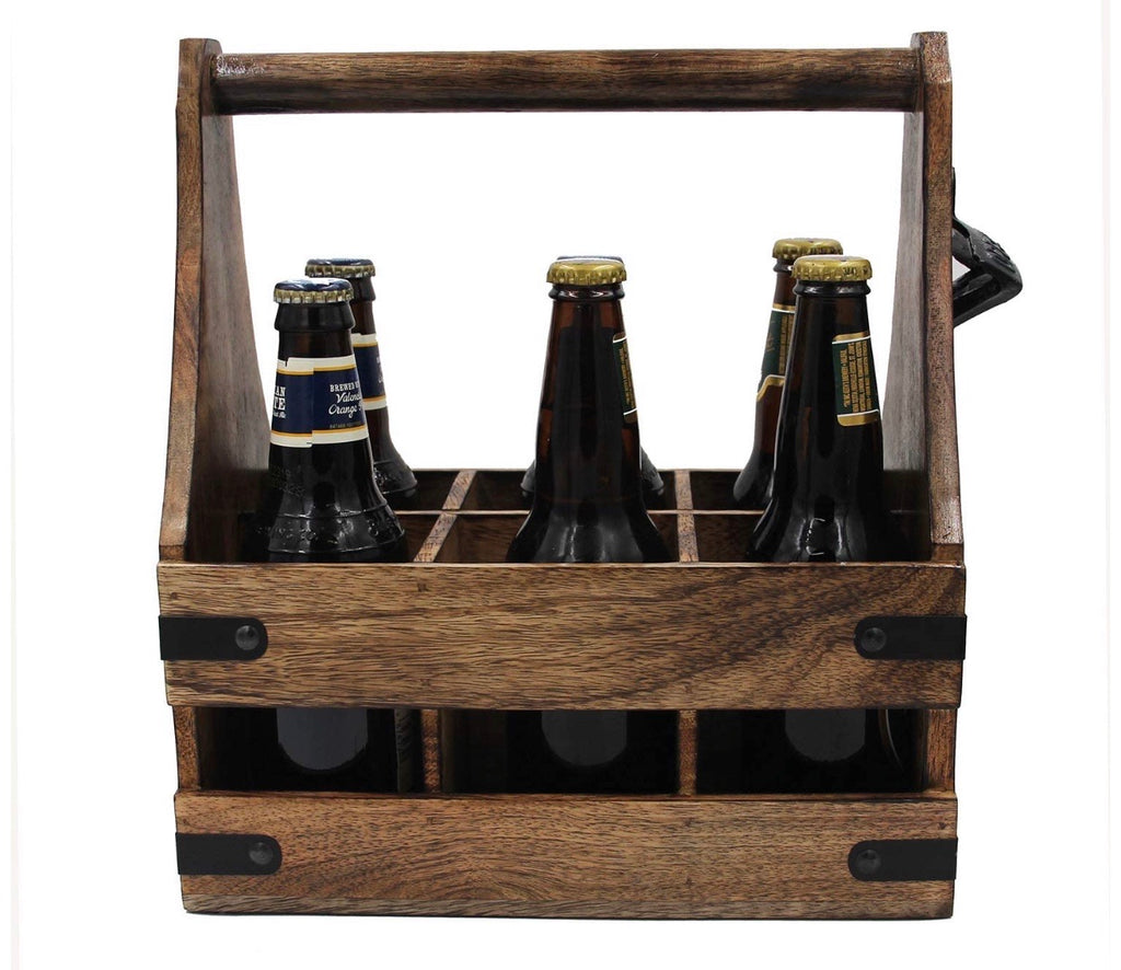 Handcrafted Wooden Bottle Caddy, 6-Pack Beer Carrier with Metal Bottle Opener - DharmaObjects