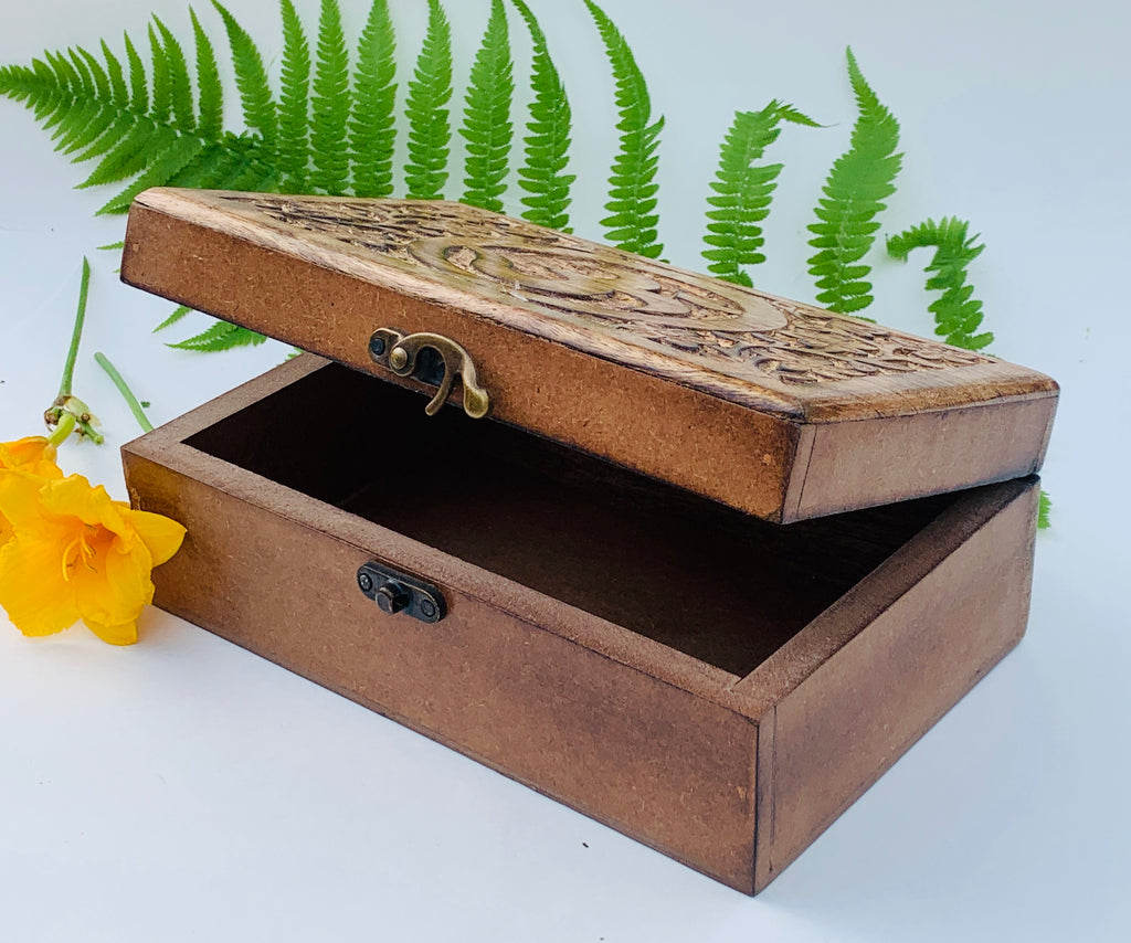 OM Hand Carved Jewelry Trinket Keepsake Wooden Storage Box With Lock - DharmaObjects