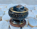 Decorated Brass Charcoal Screen Incense Burner with Wooden Coaster 3 Pcs Set 2” Tall - DharmaObjects