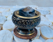 Decorated Brass Charcoal Screen Incense Burner with Wooden Coaster 3 Pcs Set 2” Tall