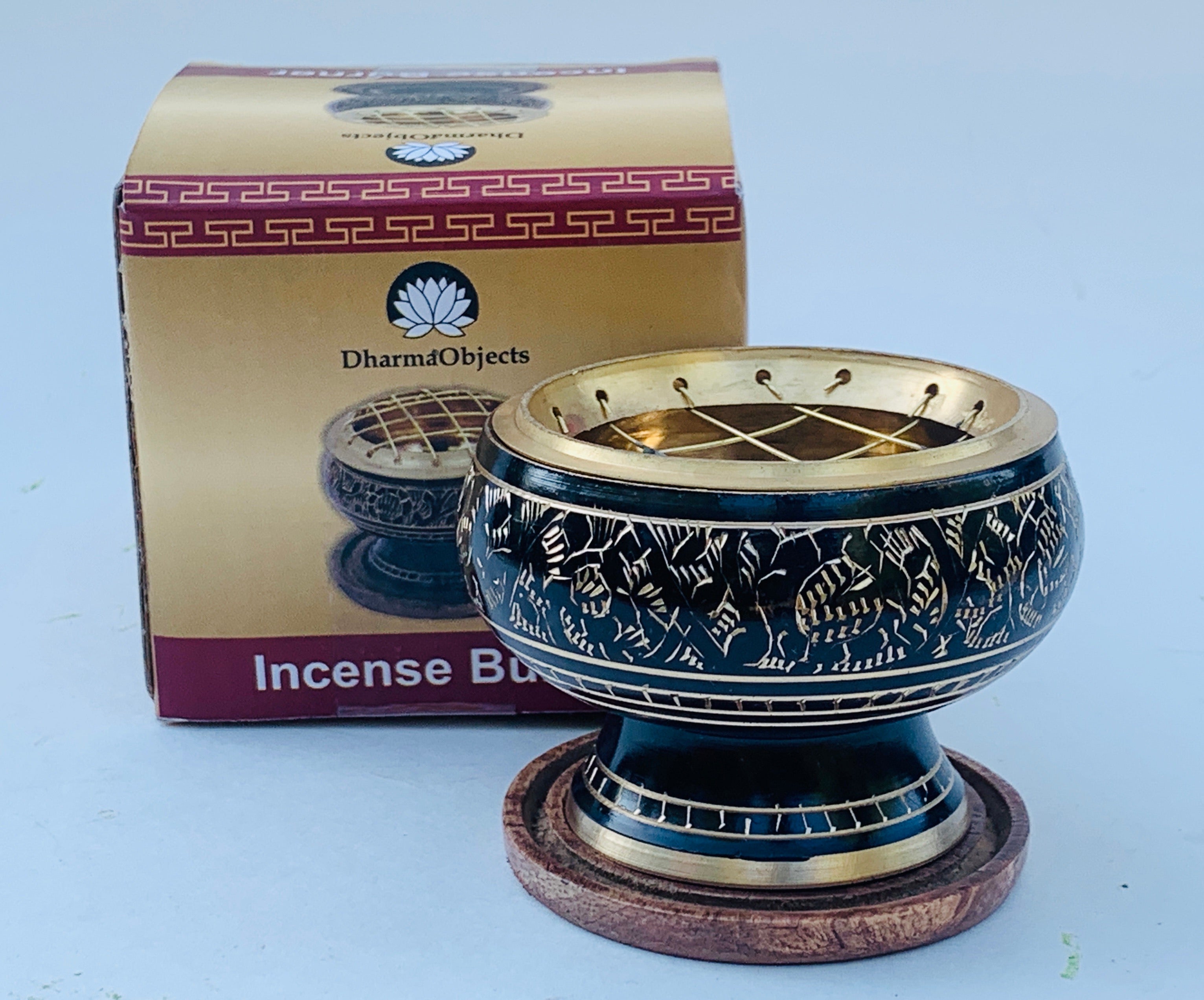 Decorated Brass Charcoal Screen Incense Burner with Wooden Coaster 3 Pcs Set 2” Tall - DharmaObjects