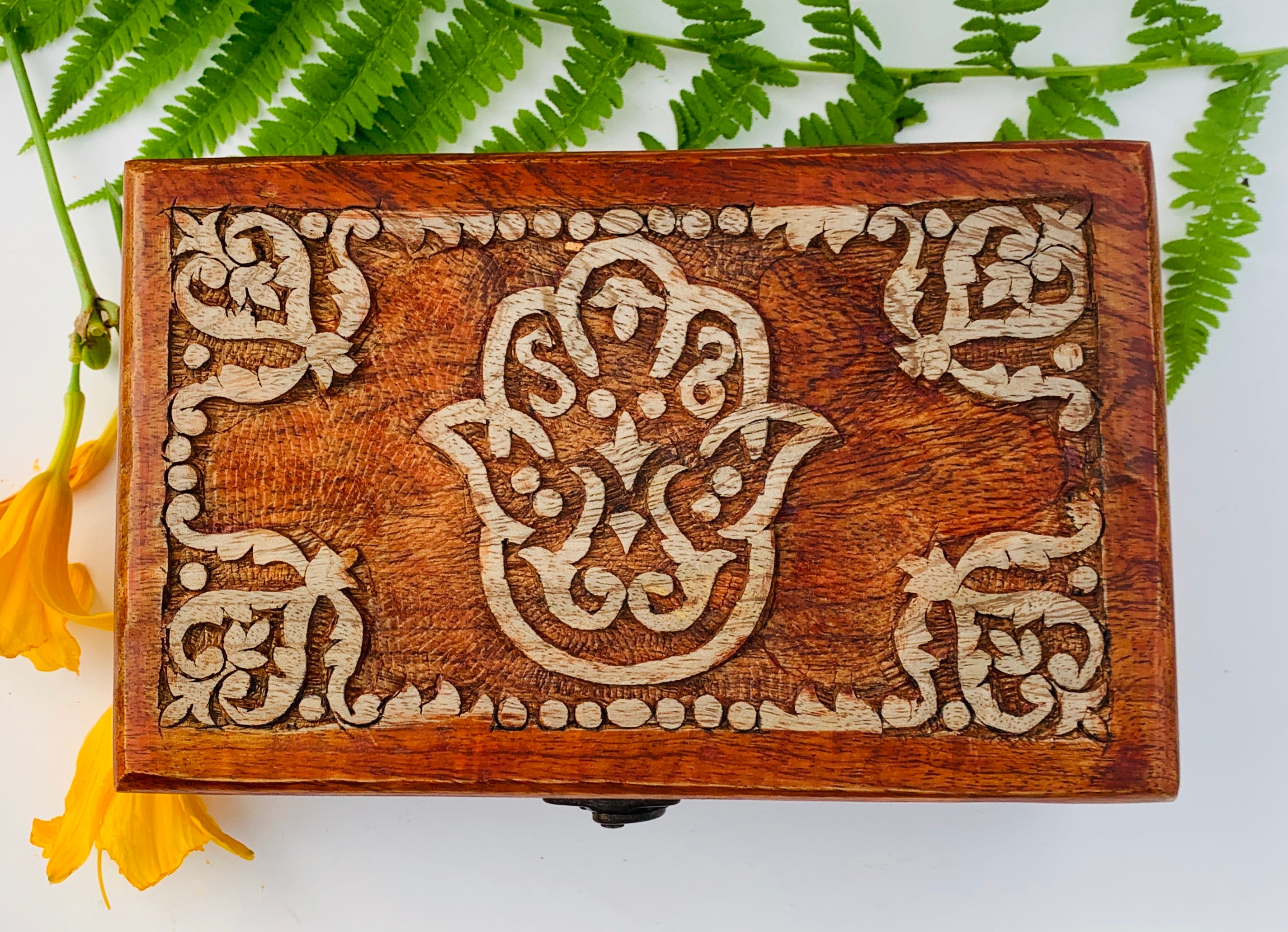 Fatima Hand Carved Jewelry Trinket Keepsake Wooden Storage Box - DharmaObjects