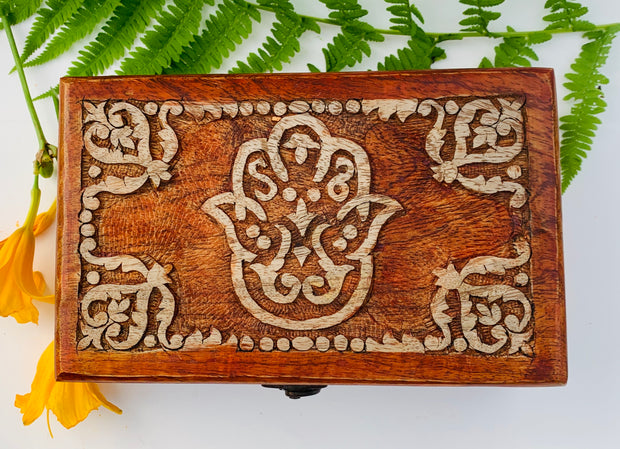 Fatima Hand Carved Jewelry Trinket Keepsake Wooden Storage Box