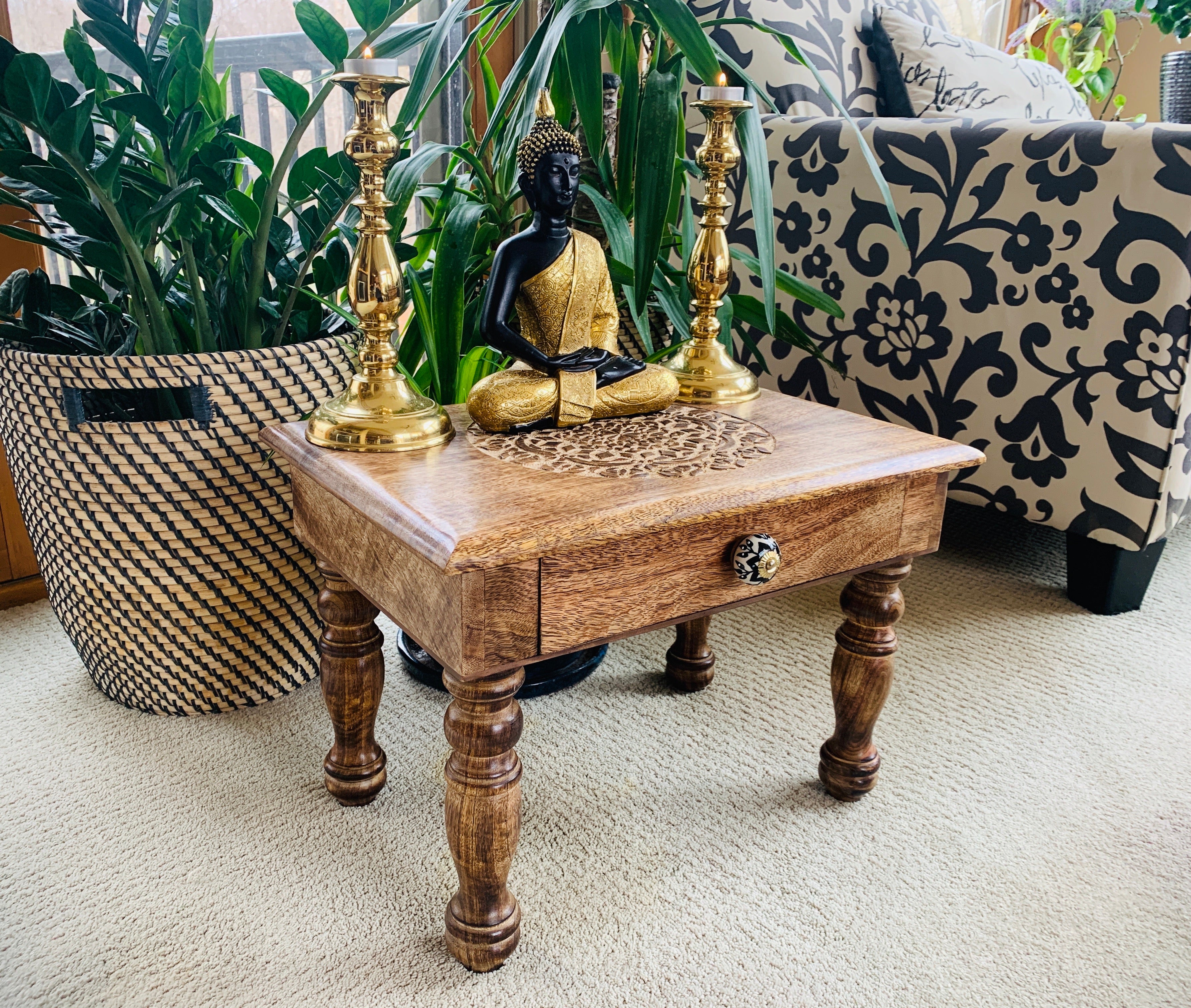 Large Solid Mango Wood Hand Carved Prayer Puja Shrine Altar Meditation Table - DharmaObjects