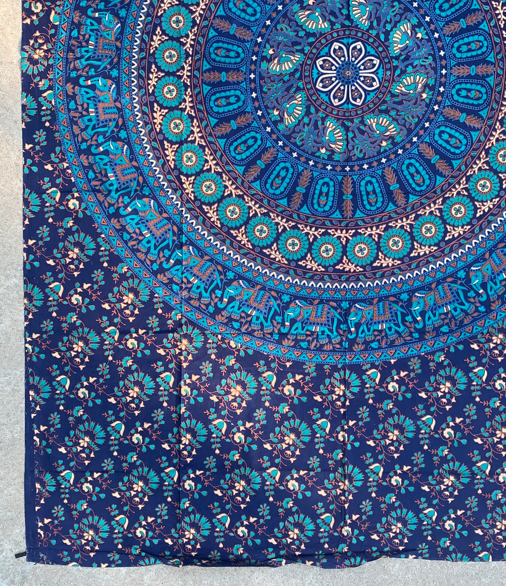Elephants Mandala Tapestry Wall Decor Hanging 80”X50” Blue - DharmaObjects