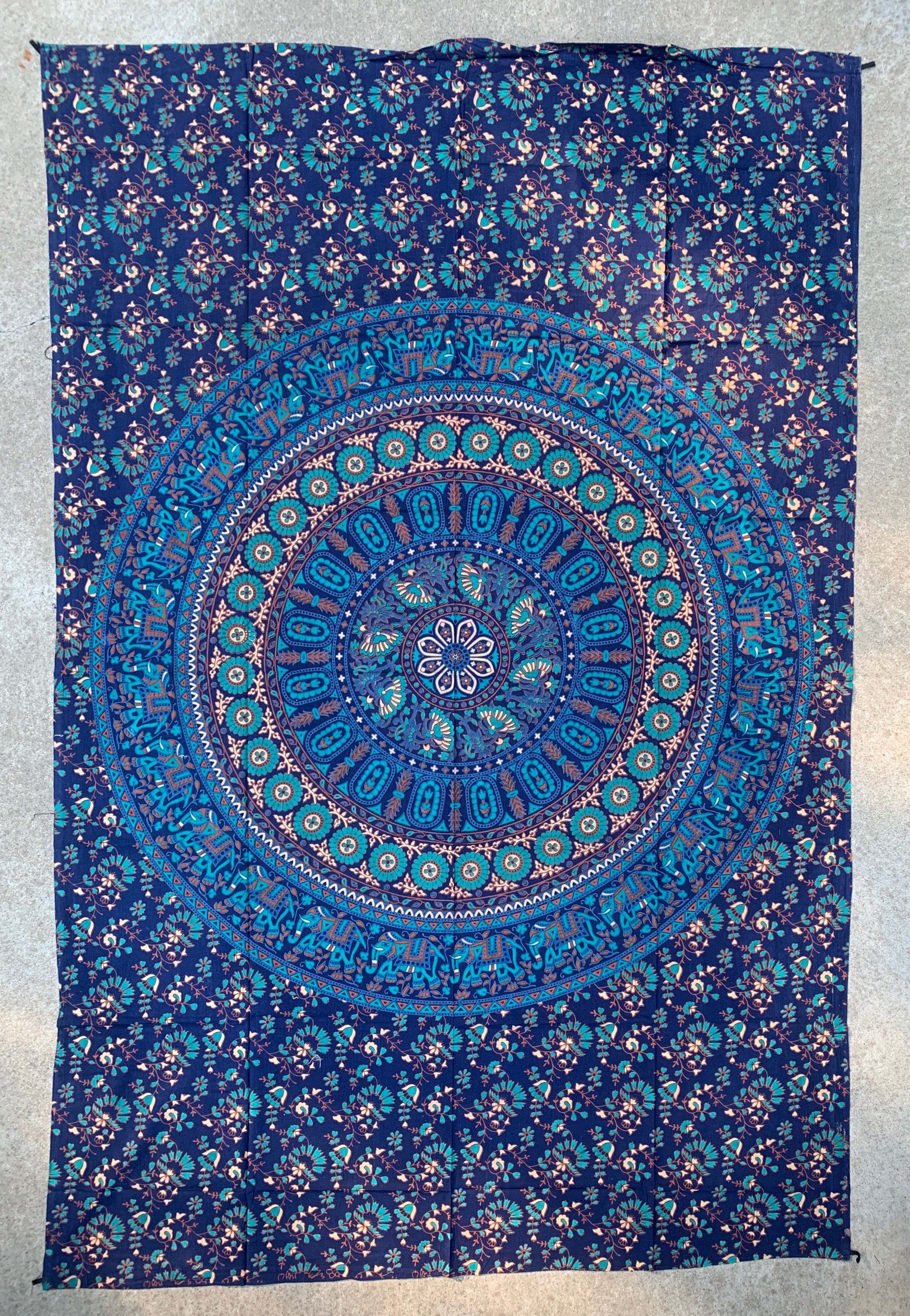 Elephants Mandala Tapestry Wall Decor Hanging 80”X50” Blue - DharmaObjects