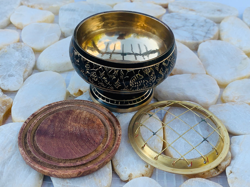 Decorated Brass Charcoal Screen Incense Burner with Wooden Coaster 3 Pcs Set 2” Tall - DharmaObjects