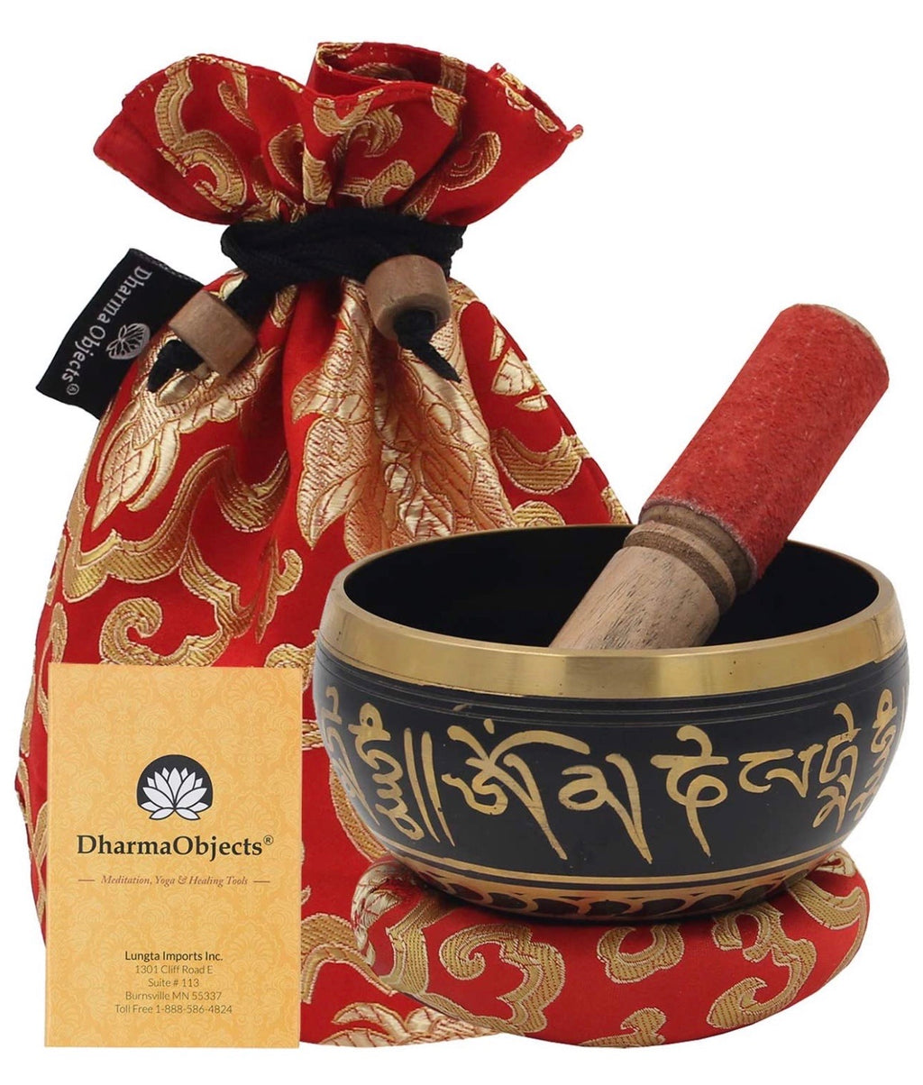 Tibetan OM MANI Singing Bowl Set ~ With Mallet, Brocade Cushion & Carry Bag - DharmaObjects
