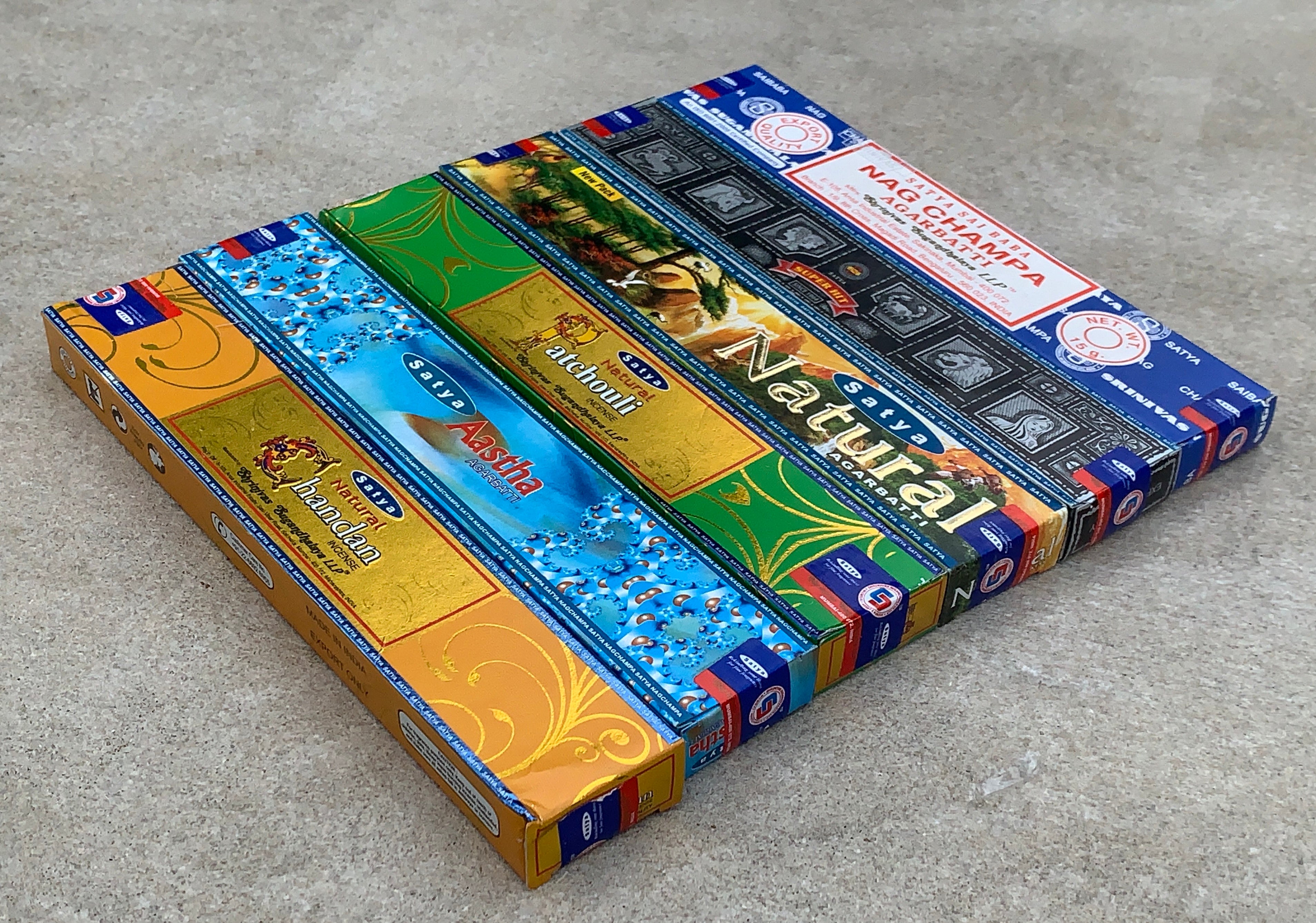 Satya Natural - Set of 6 - Nag Champa , Natural, Astha, Chandan, Super hit and Patchouli 15 Grams - DharmaObjects