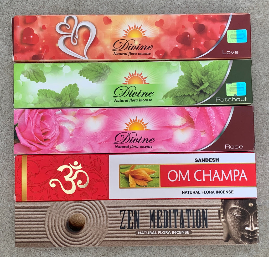 Gift Set of 5 Patchouli, Rose , Love, Zen Meditation and Om Champa Incense Kit (incense Holder Included) - DharmaObjects