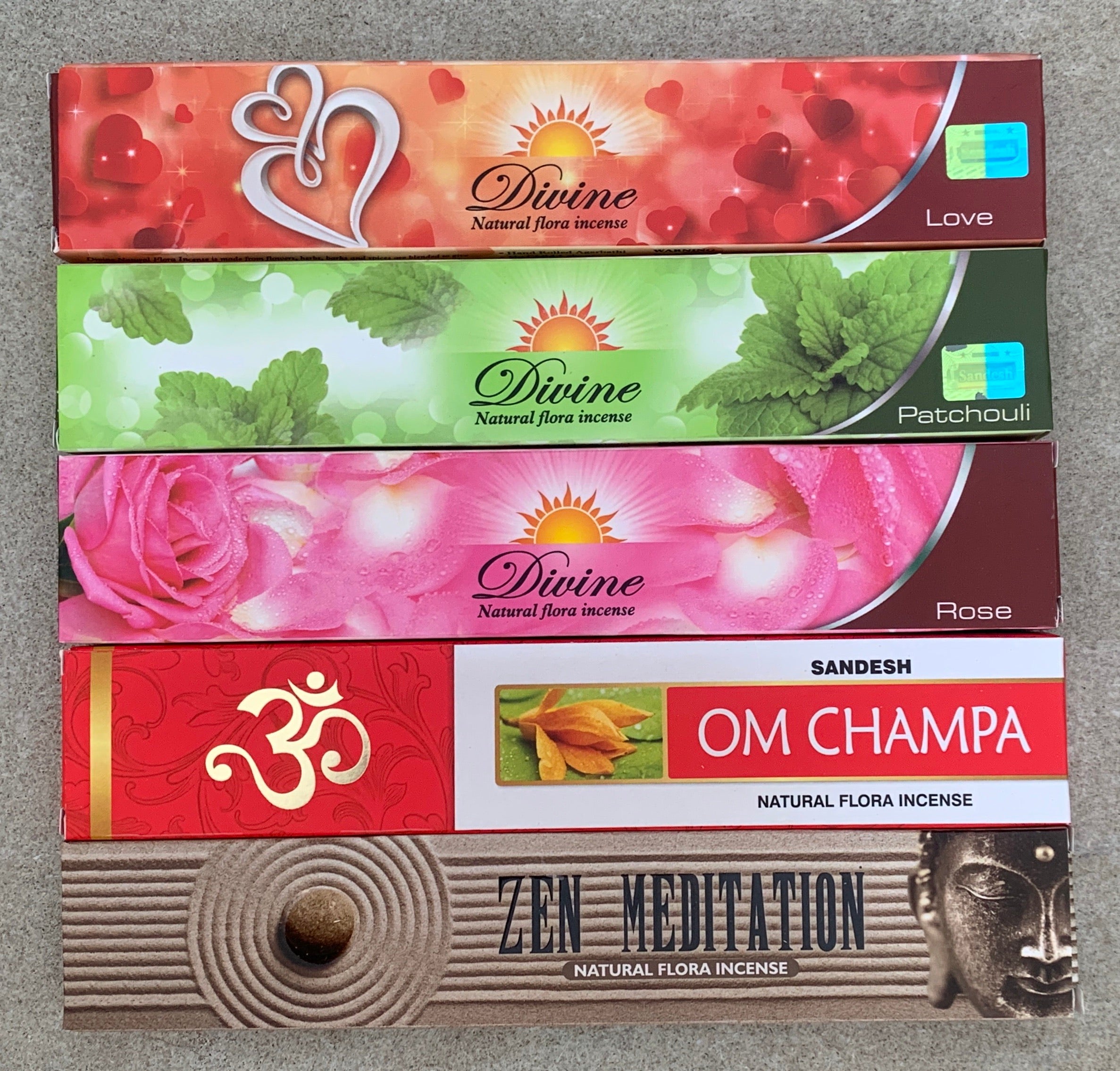 Gift Set of 5 Patchouli, Rose , Love, Zen Meditation and Om Champa Incense Kit (incense Holder Included) - DharmaObjects
