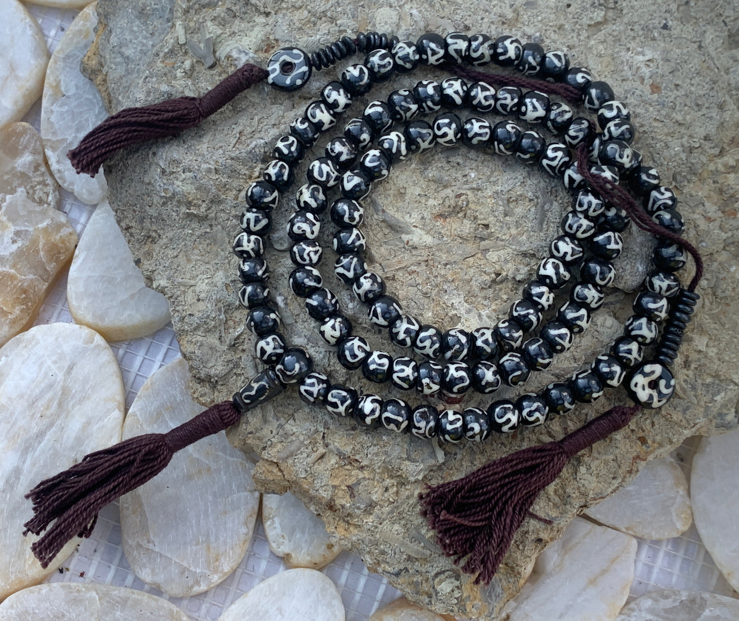 Tibetan Om Aum 108 Beads Bone Mala With Counter And Free Pouch