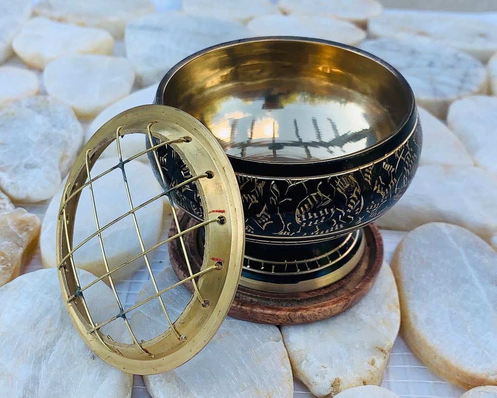 Decorated Brass Charcoal Screen Incense Burner with Wooden Coaster 3 Pcs Set 2” Tall - DharmaObjects