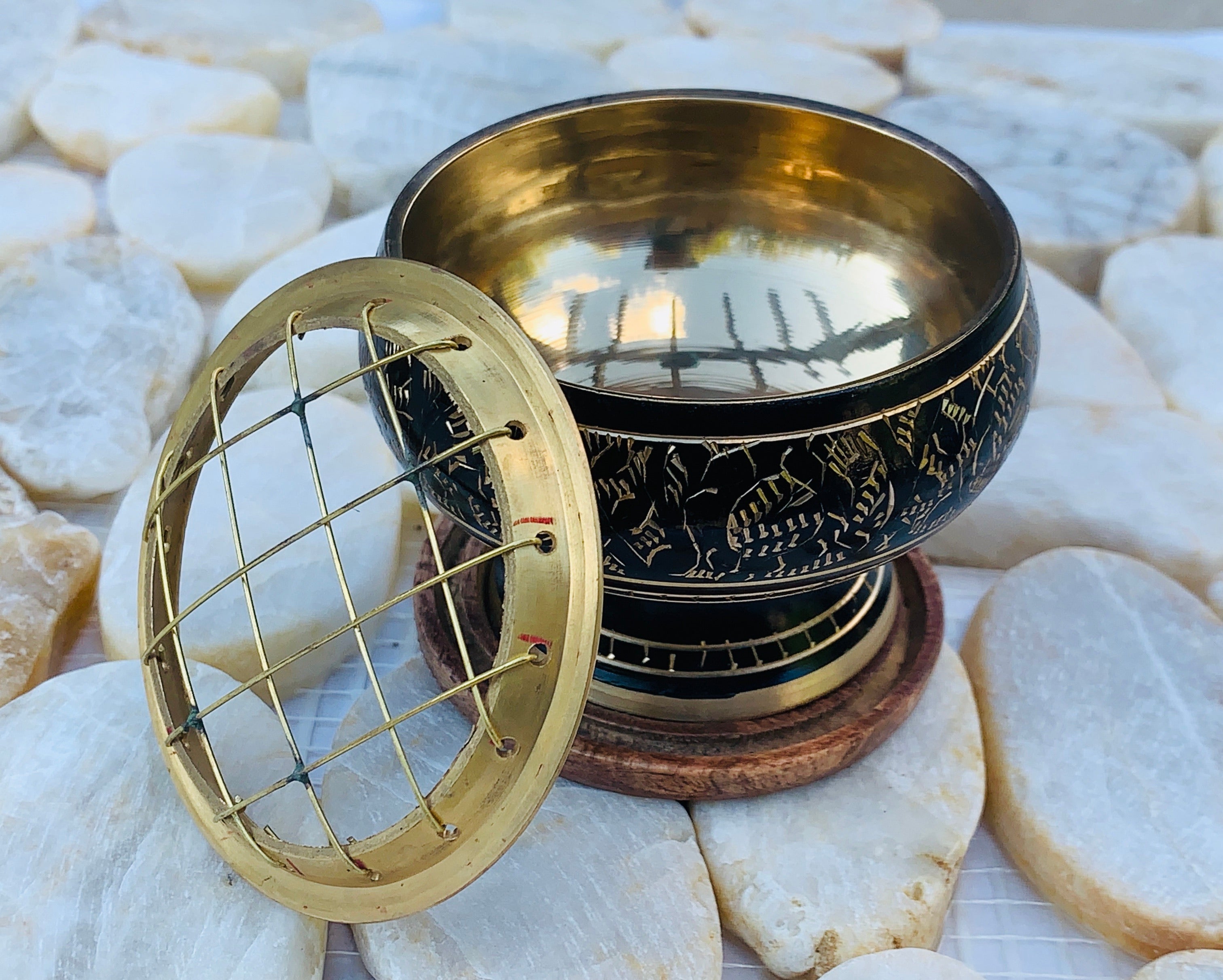 Decorated Brass Charcoal Screen Incense Burner with Wooden Coaster 3 Pcs Set 2” Tall - DharmaObjects