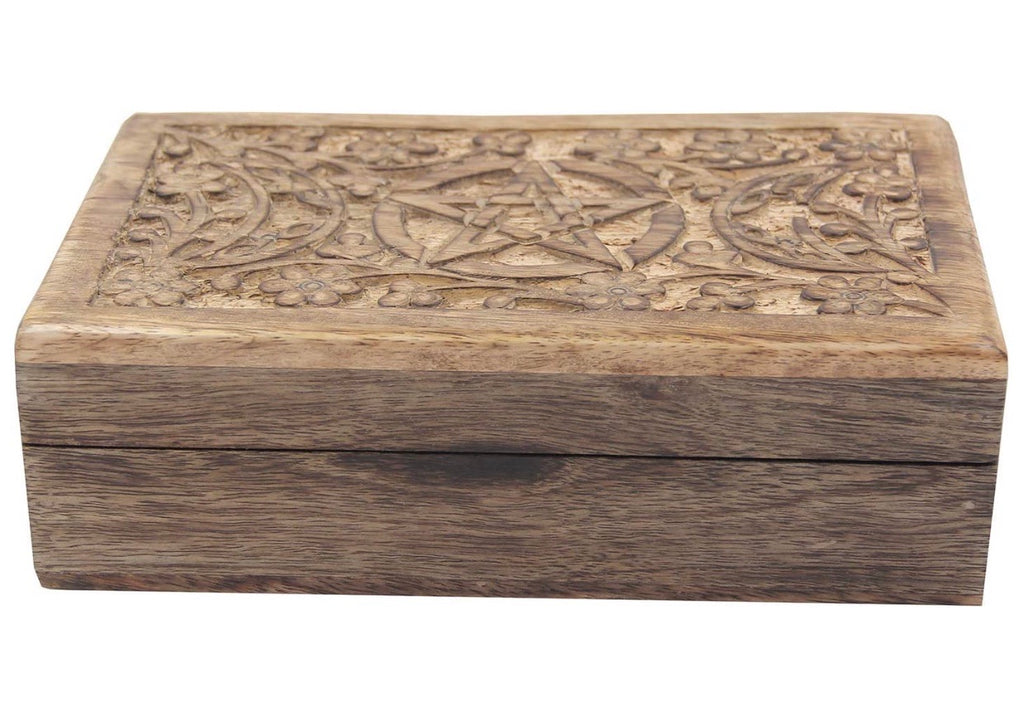 Hand Carved Jewelry Trinket Keepsake Wooden Storage Box Triple Moon - DharmaObjects