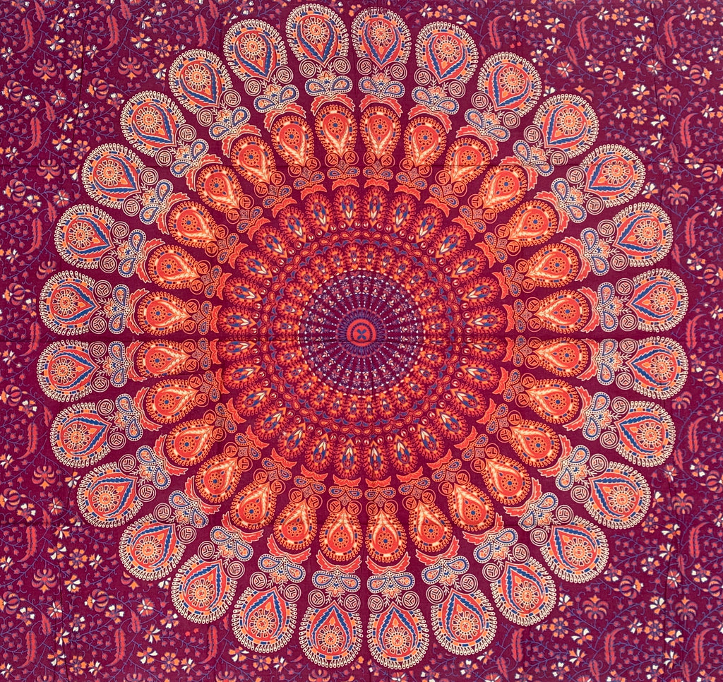 Lotus Mandala Tapestry Wall Hanging Decor 80”X50” Maroon - DharmaObjects