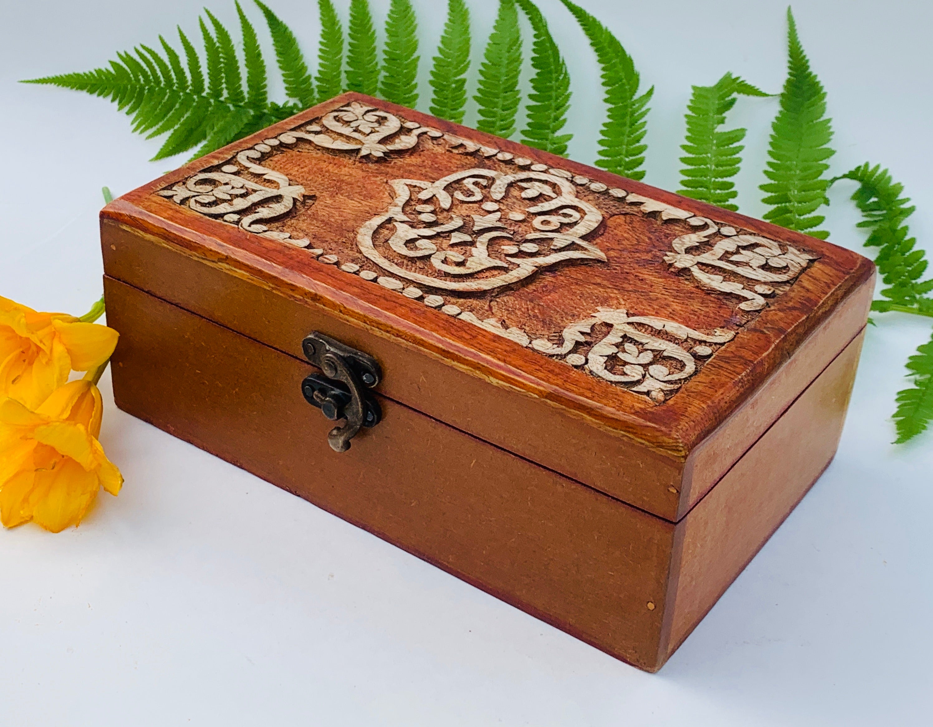 Fatima Hand Carved Jewelry Trinket Keepsake Wooden Storage Box - DharmaObjects