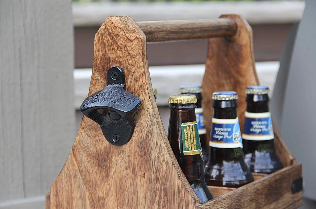 Handcrafted Wooden Bottle Caddy, 6-Pack Beer Carrier with Metal Bottle Opener - DharmaObjects