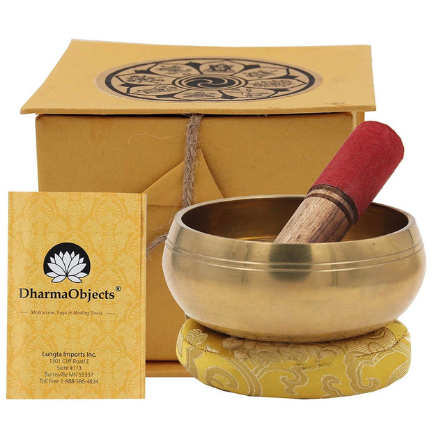 Tibetan 5 Buddhas Singing Bowl Complete Set ~ With Mallet, Brocade Cushion & Carry Bag ~ For Meditation, Chakra Healing, Prayer, Yoga