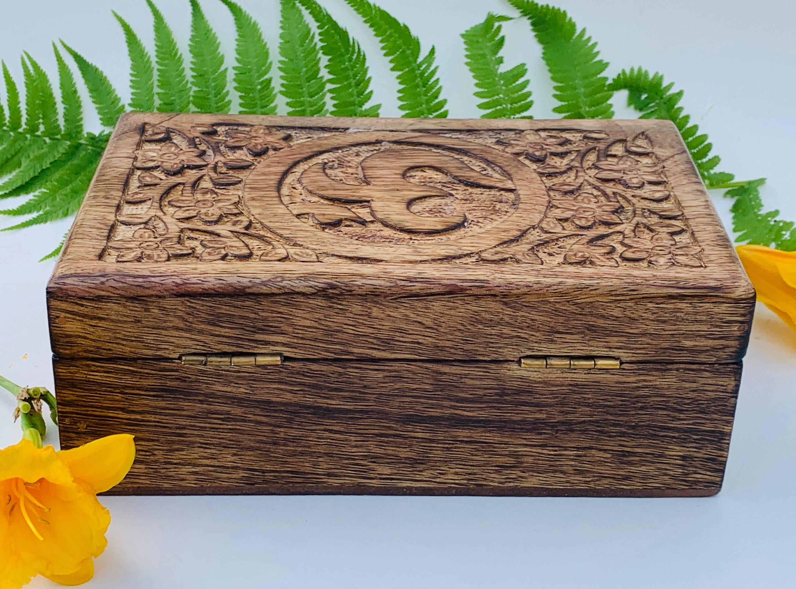 OM Hand Carved Jewelry Trinket Keepsake Wooden Storage Box With Lock - DharmaObjects