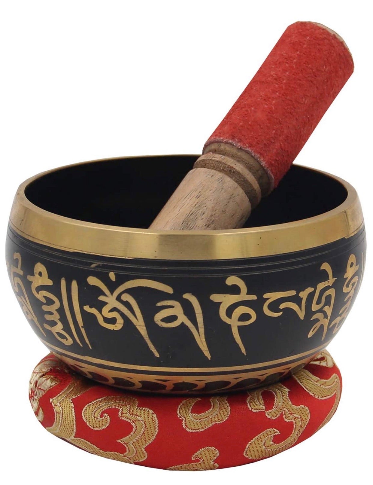 Tibetan OM MANI Singing Bowl Set ~ With Mallet, Brocade Cushion & Carry Bag - DharmaObjects