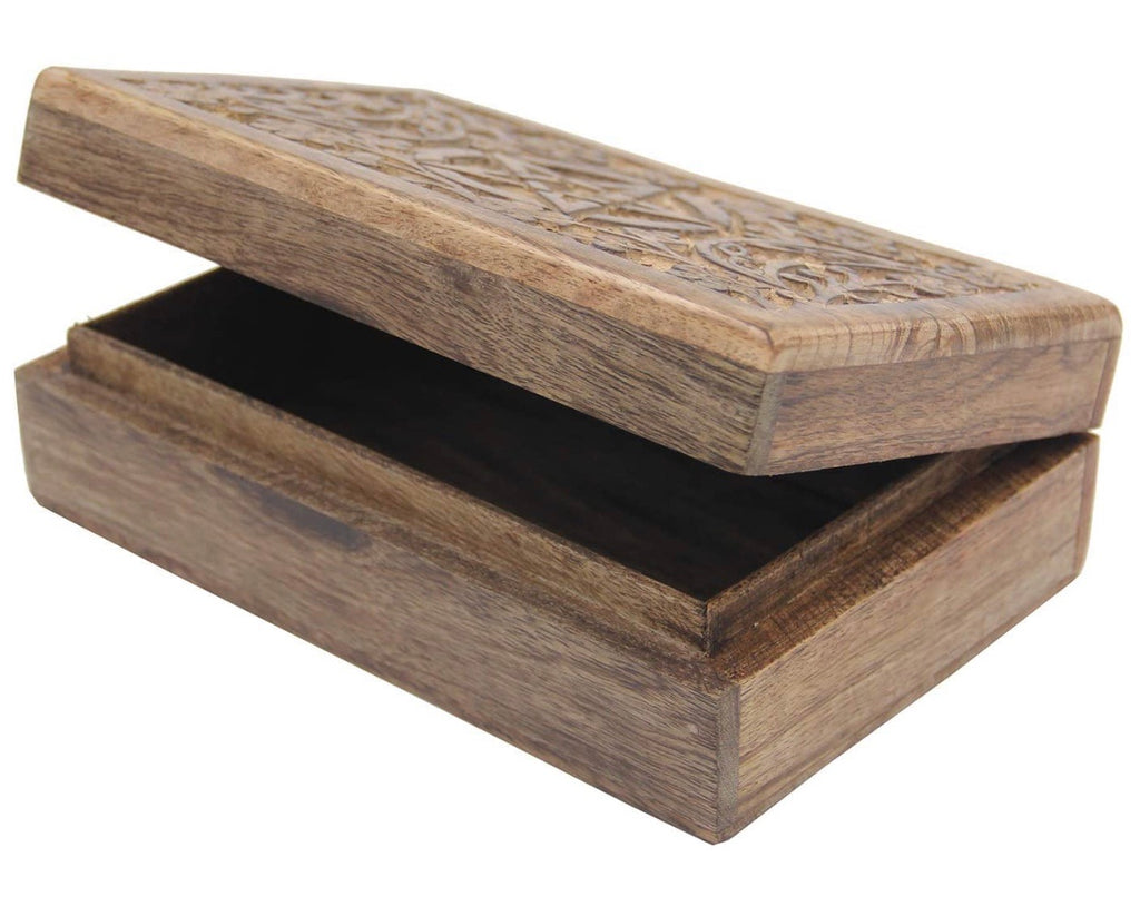 Hand Carved Jewelry Trinket Keepsake Wooden Storage Box Triple Moon - DharmaObjects
