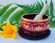 Tibetan 8 Lucky Symbols Singing Bowl Complete Set ~ With Mallet, Mat Cushion & Gift Box ~ For Meditation, Chakra Healing, Prayer, Yoga