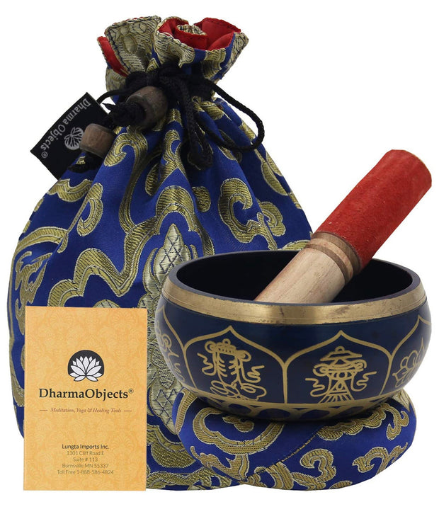 Medium ~ Tibetan 8 Lucky Symols Singing Bowl Set ~ With Mallet, Brocade Cushion & Carry Bag ~ For Meditation, Chakra Healing, Prayer, Yoga
