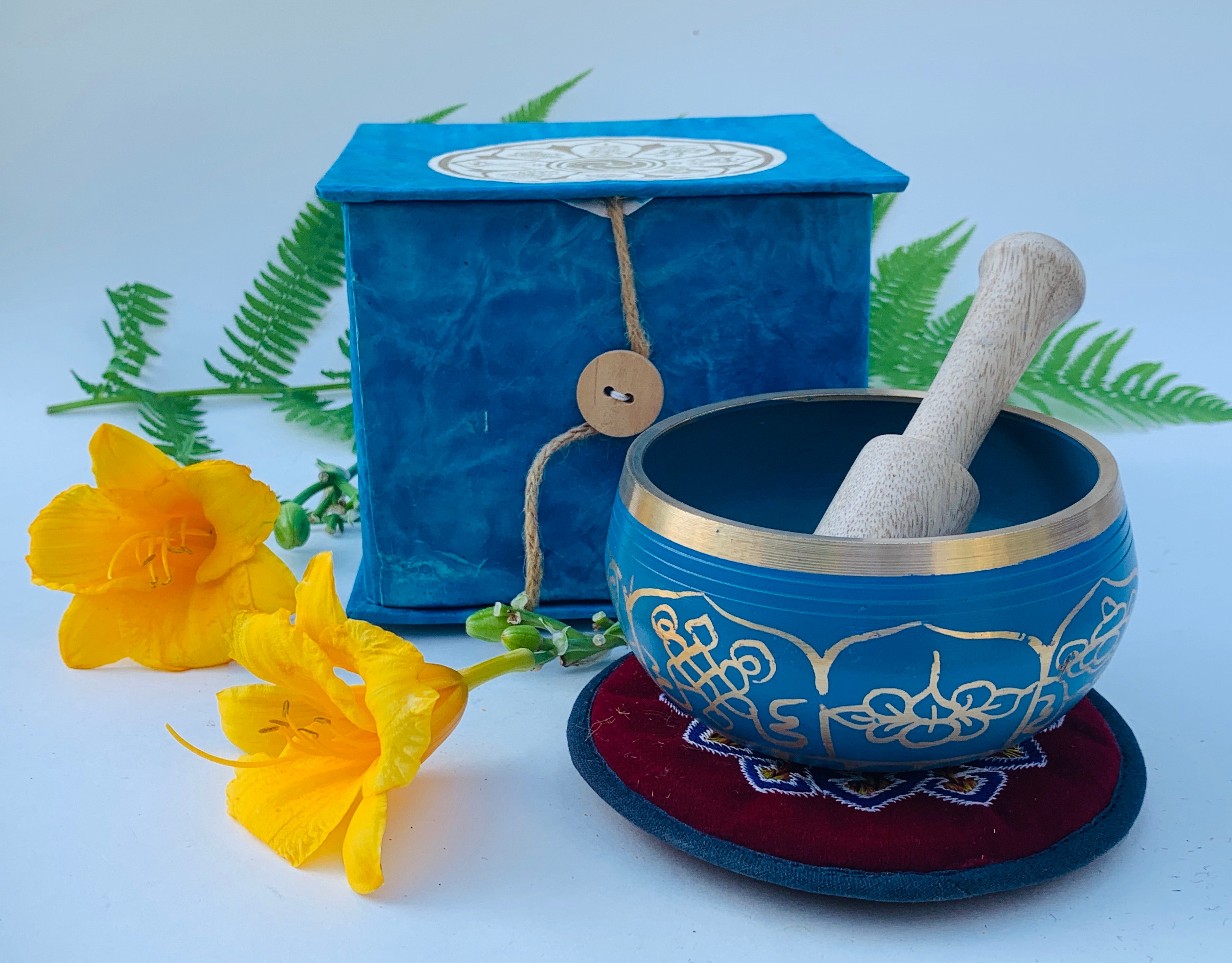 Tibetan 8 Lucky Symbols Singing Bowl Complete Set ~ With Mallet, Mat Cushion & Gift Box ~ For Meditation, Chakra Healing, Prayer, Yoga - DharmaObjects