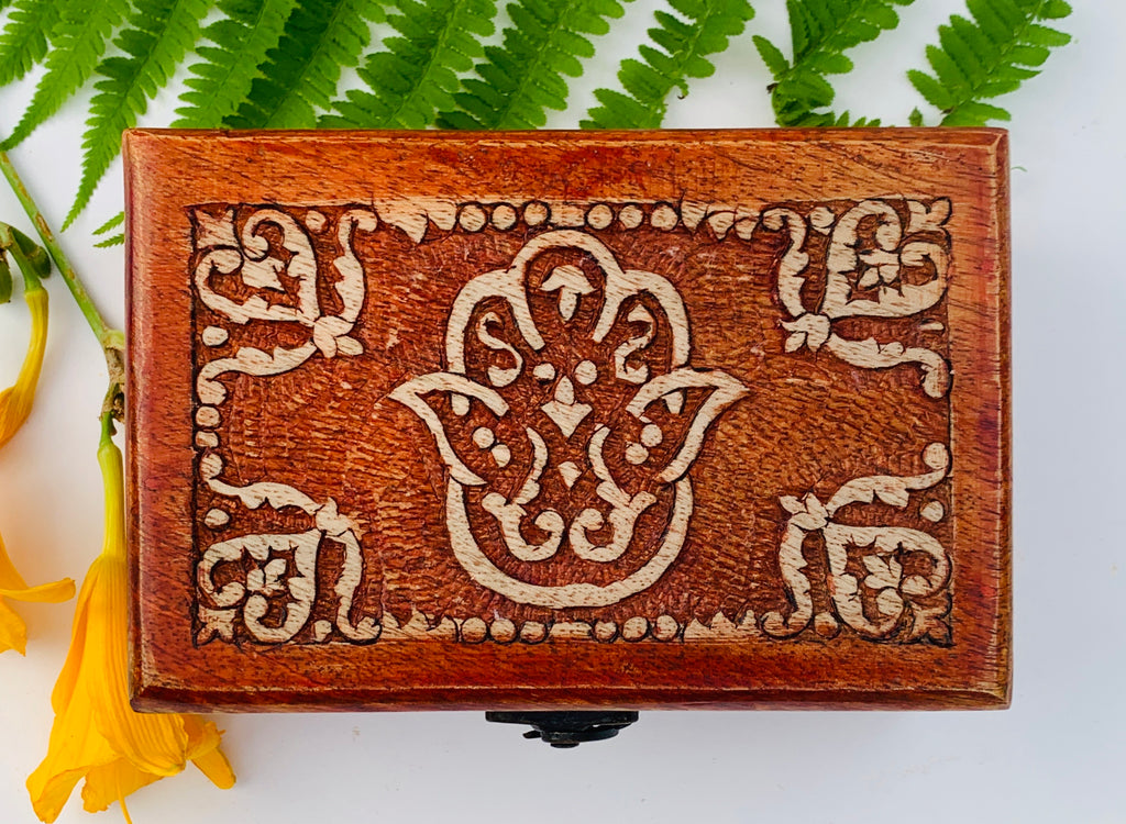 Fatima Hand Carved Jewelry Trinket Keepsake Wooden Storage Box - DharmaObjects