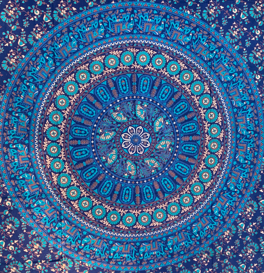 Elephants Mandala Tapestry Wall Decor Hanging 80”X50” Blue - DharmaObjects