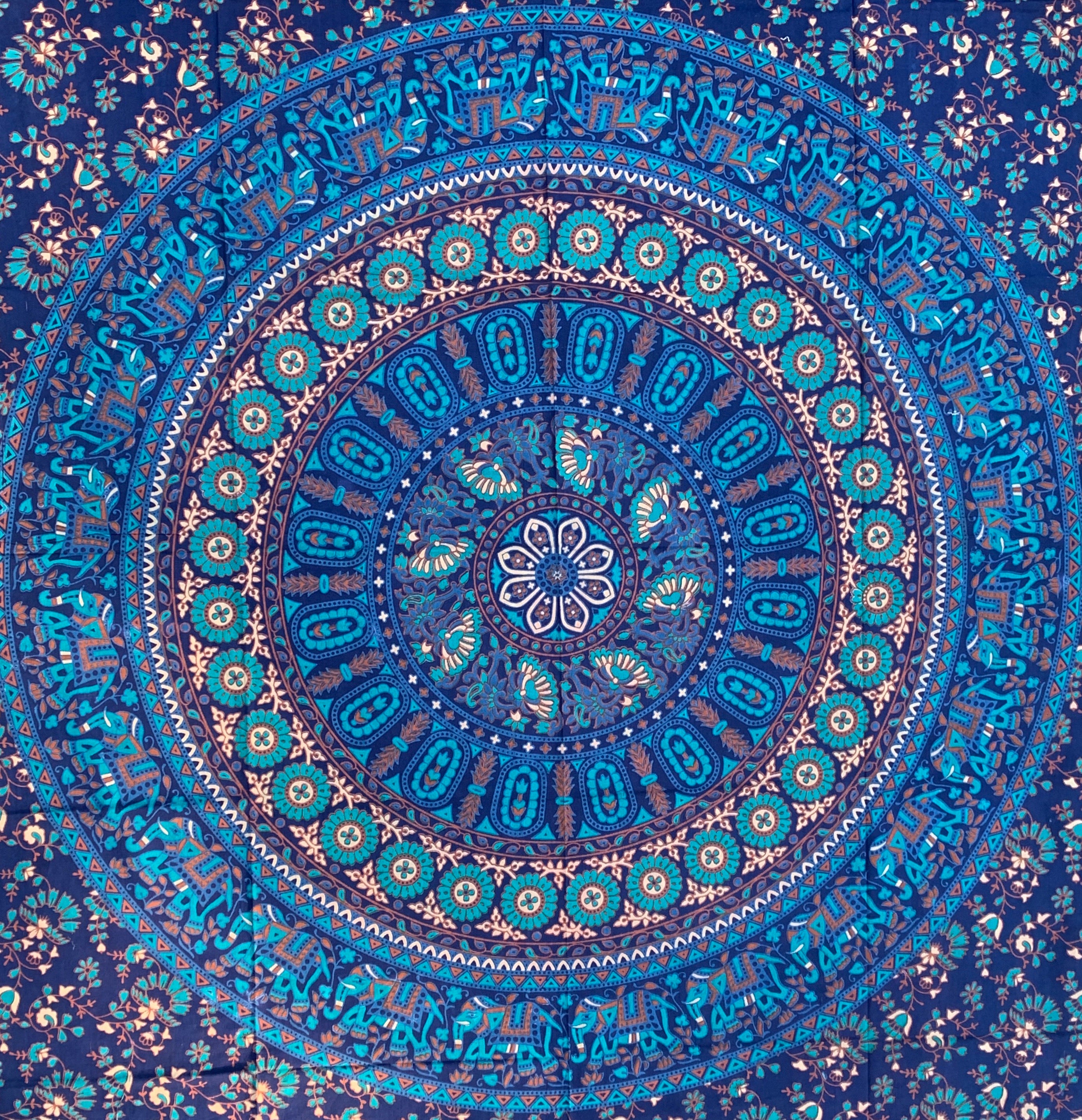 Elephants Mandala Tapestry Wall Decor Hanging 80”X50” Blue - DharmaObjects
