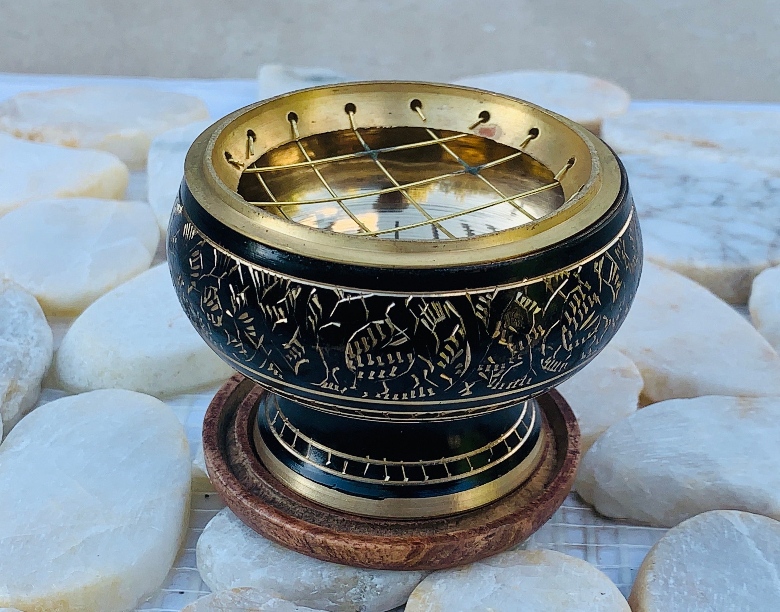 Decorated Brass Charcoal Screen Incense Burner with Wooden Coaster 3 Pcs Set 2” Tall - DharmaObjects