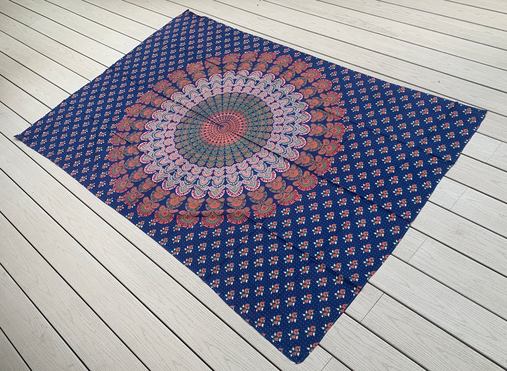 Lotus Mandala Tapestry Wall Hanging Decor 80”X50” Blue - DharmaObjects
