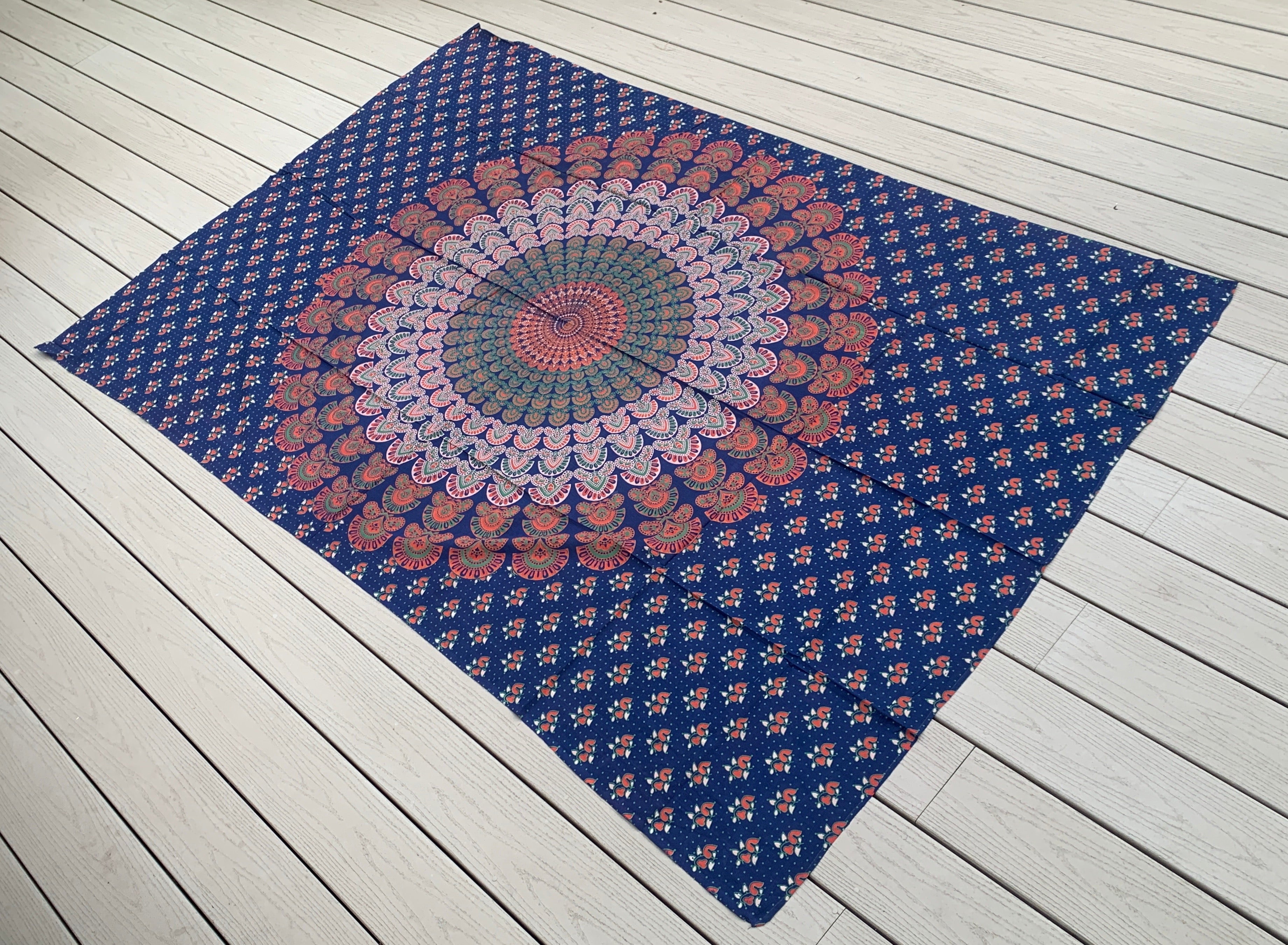 Lotus Mandala Tapestry Wall Hanging Decor 80”X50” Blue - DharmaObjects