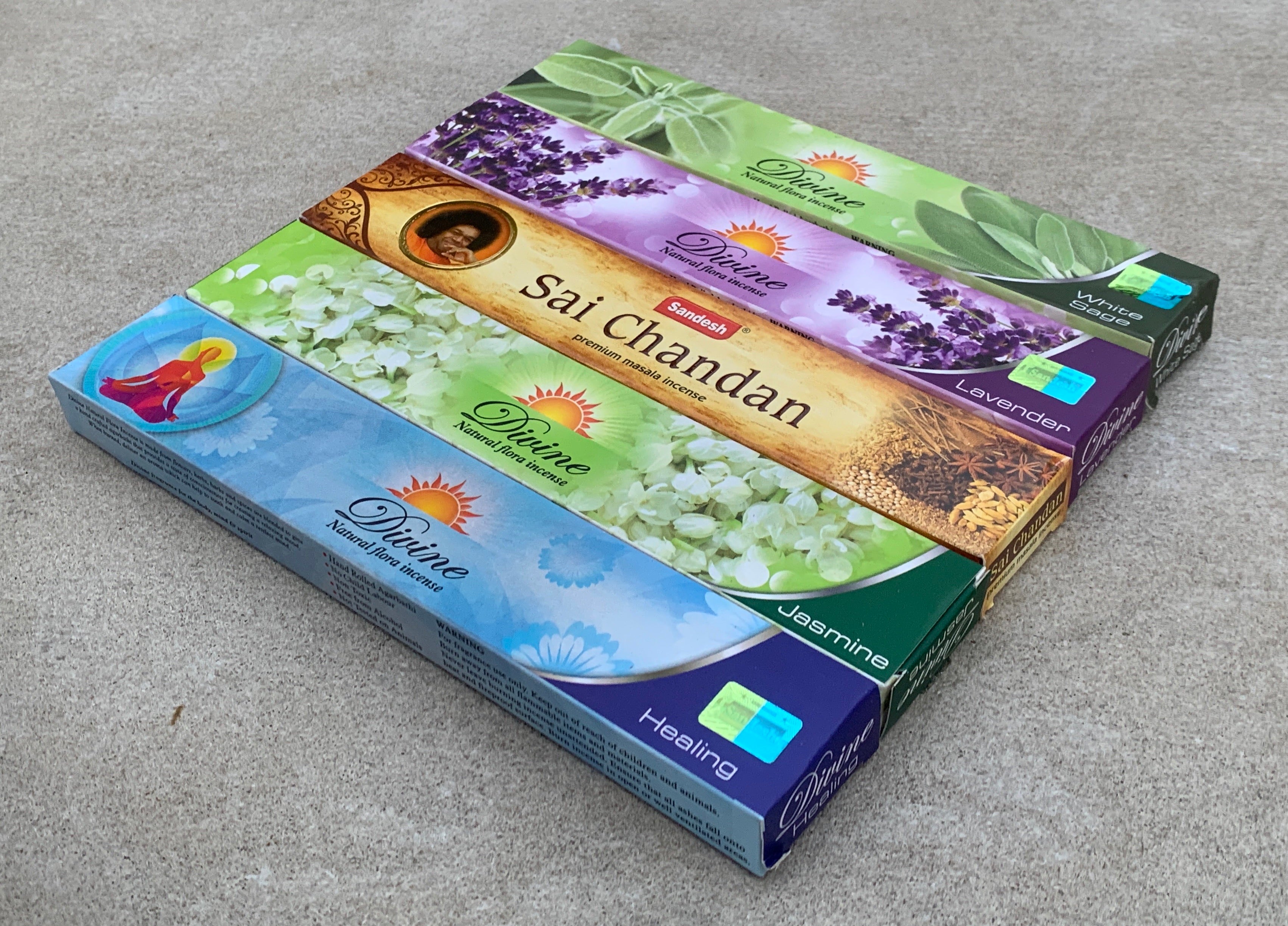 Gift Set of 5 Sai Chandan, Jasmine, Healing, Lavender and White Sage Incense Kit (incense Holder Included) - DharmaObjects