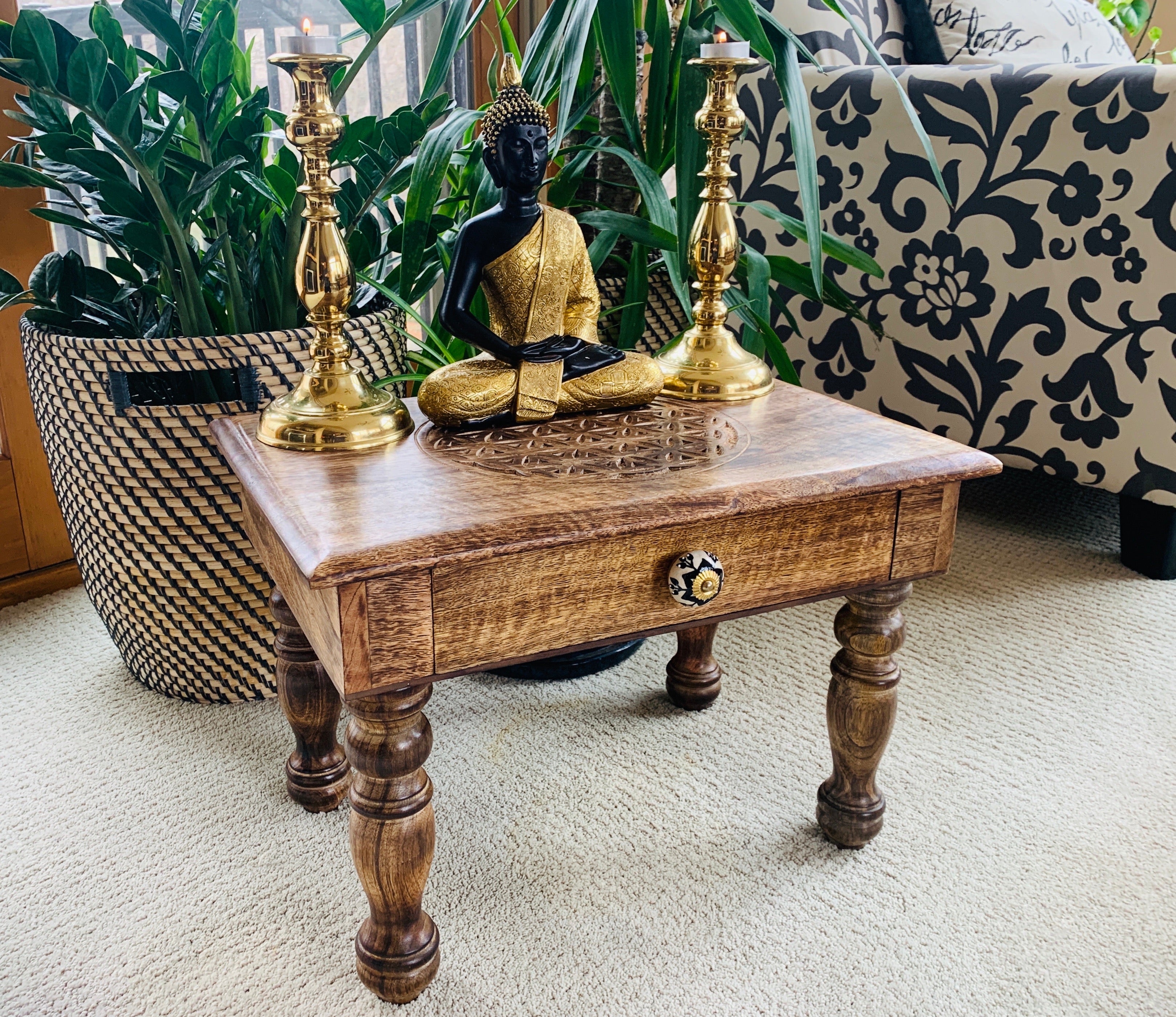 Large Solid Mango Wood Hand Carved Prayer Puja Shrine Altar Meditation Table - DharmaObjects