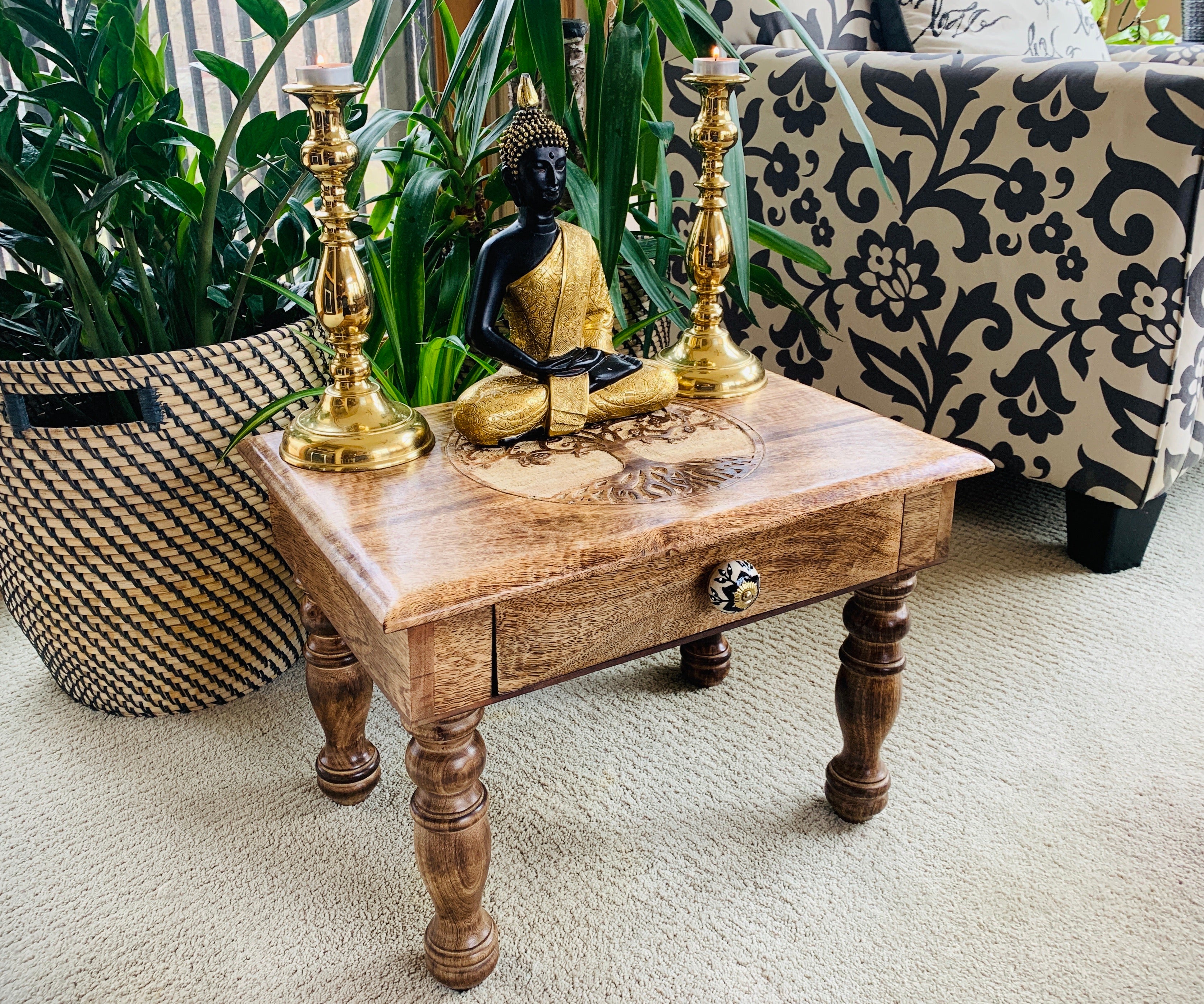 Large Solid Mango Wood Hand Carved Prayer Puja Shrine Altar Meditation Table - DharmaObjects