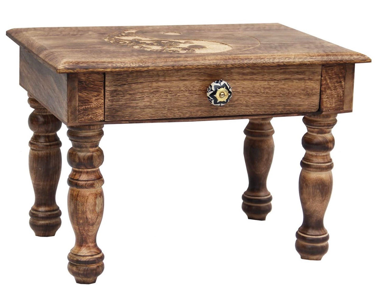 Large Solid Mango Wood Hand Carved Prayer Puja Shrine Altar Meditation Table - DharmaObjects