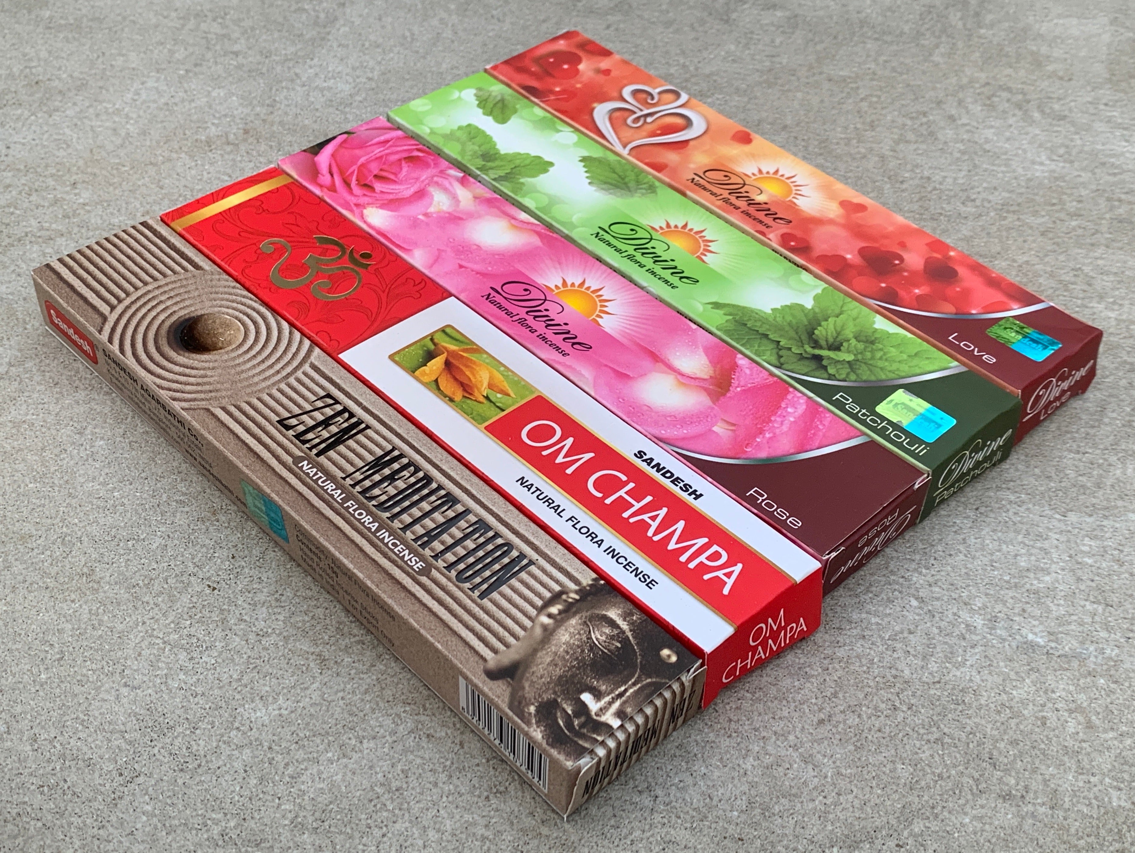 Gift Set of 5 Patchouli, Rose , Love, Zen Meditation and Om Champa Incense Kit (incense Holder Included) - DharmaObjects