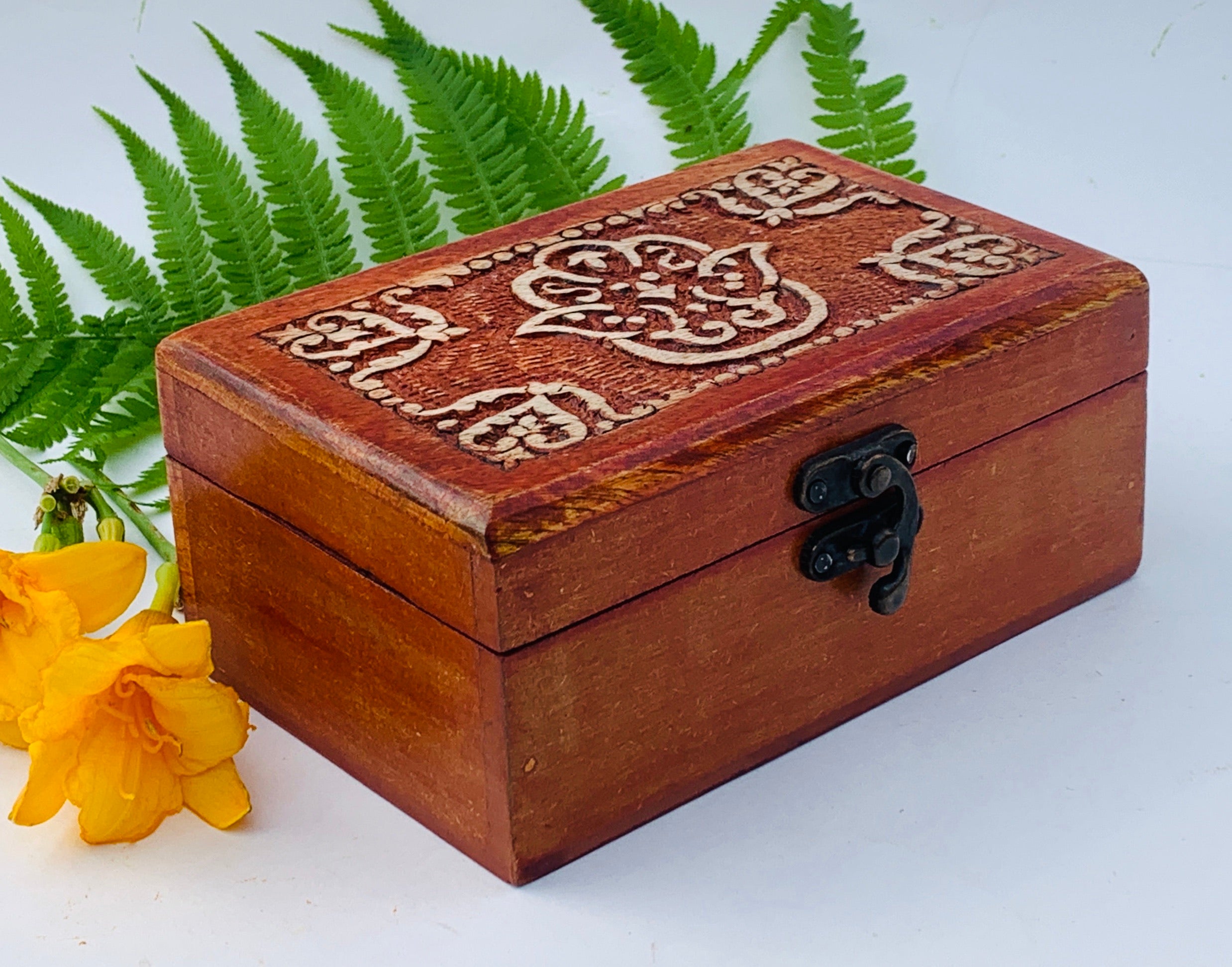 Fatima Hand Carved Jewelry Trinket Keepsake Wooden Storage Box - DharmaObjects