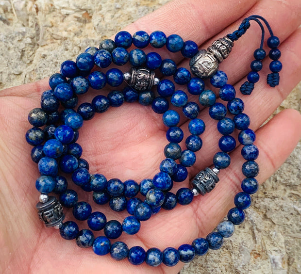 Tibetan Meditation Yoga Genuine Gemstone Mala / Rosary 108 Beads 6mm / Tibetan Silver Spacers / Free Pouch