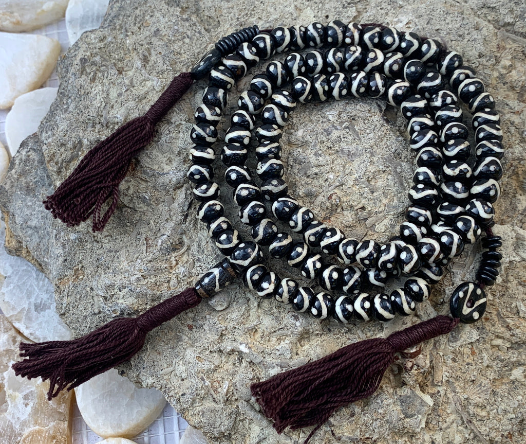 Natural Buffalo Bone Yin Yang DZI 108 Beads Prayer Mala - DharmaObjects