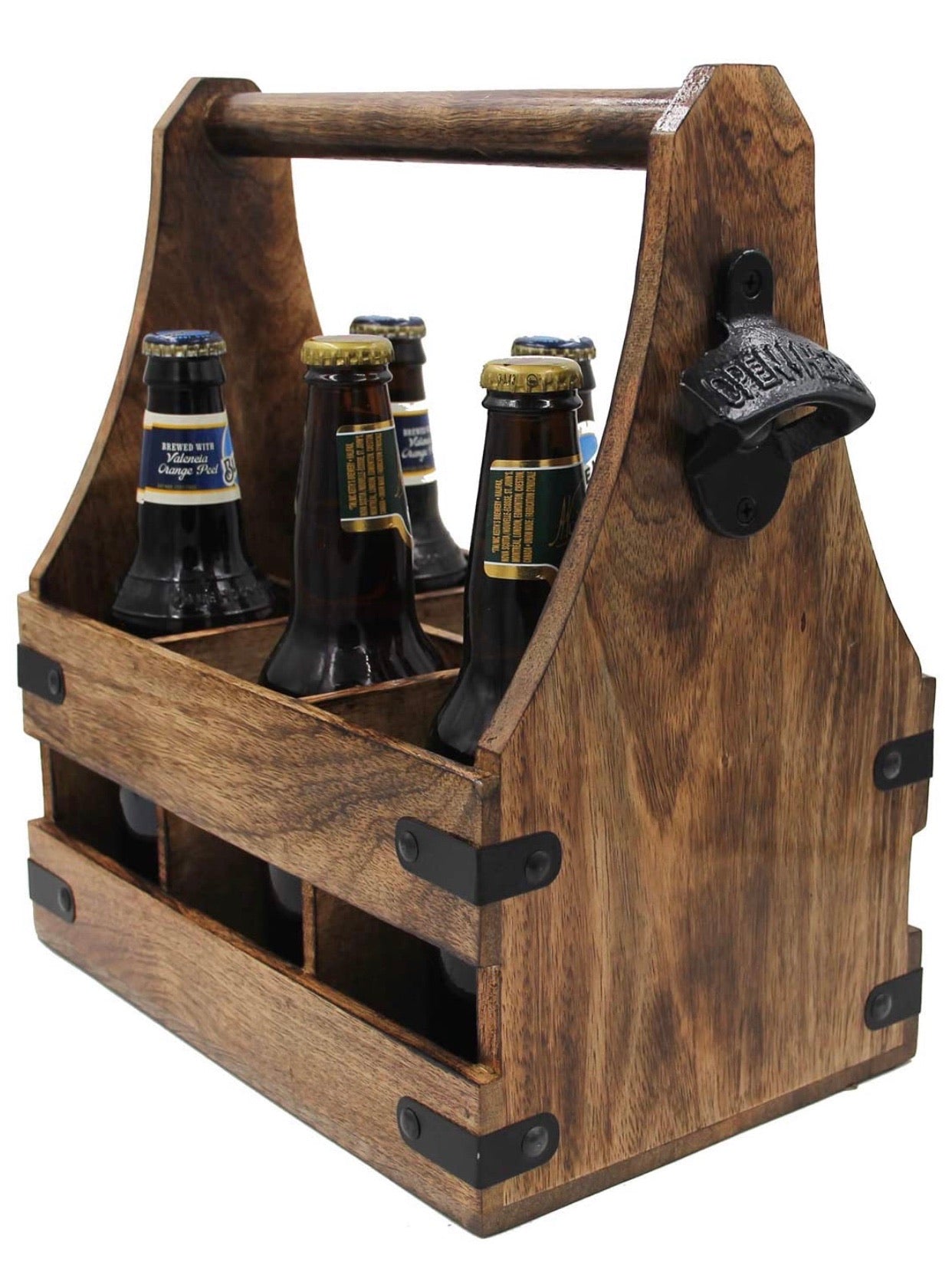 Handcrafted Wooden Bottle Caddy, 6-Pack Beer Carrier with Metal Bottle Opener - DharmaObjects