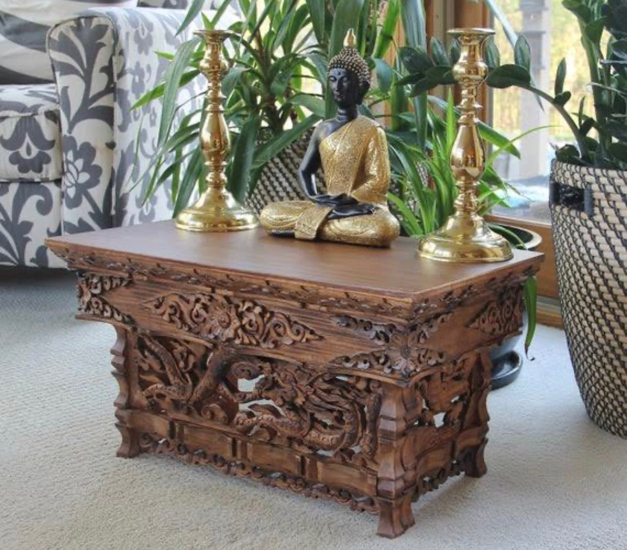 Solid Wood Hand Carved Tibetan Buddhist Prayer Shrine Altar Meditation Table - DharmaObjects
