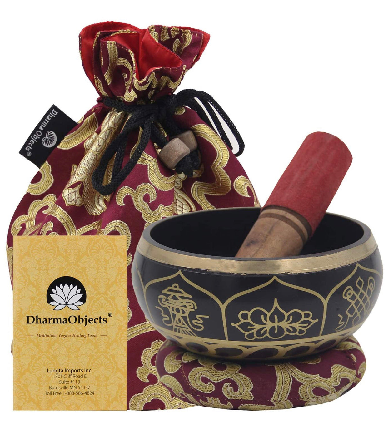 Medium ~ Tibetan 8 Lucky Symols Singing Bowl Set ~ With Mallet, Brocade Cushion & Carry Bag ~ For Meditation, Chakra Healing, Prayer, Yoga - DharmaObjects