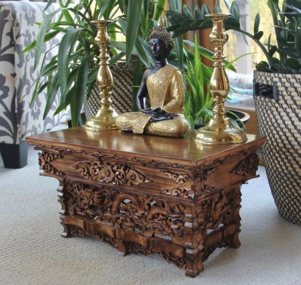 Solid Wood Hand Carved Tibetan Buddhist Prayer Shrine Altar Meditation Table - DharmaObjects